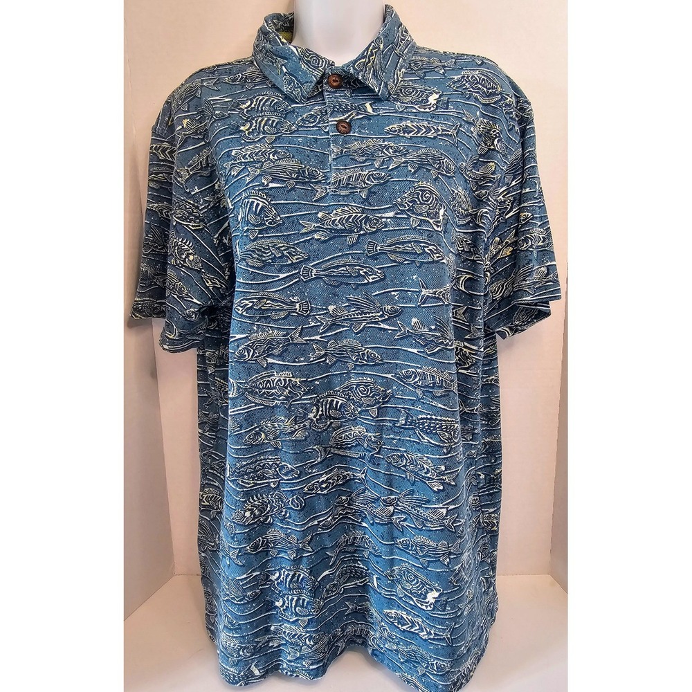 Crazy Shirts Hawaiian Polo Shirt‎  Blue Fish Print Cotton SZ MED